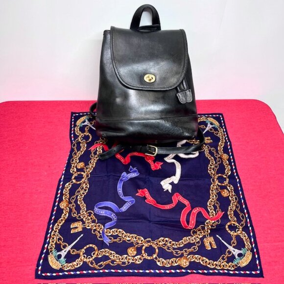 Vtg Coach Black Leather  Backpack Rucksack Drawstring + Celine Handkercheif(36) - Picture 5 of 15